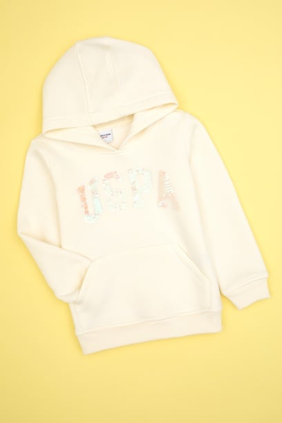 Kız Çocuk Krem Payet İşlemeli Şardonlu Kapüşonlu Basic Sweatshirt