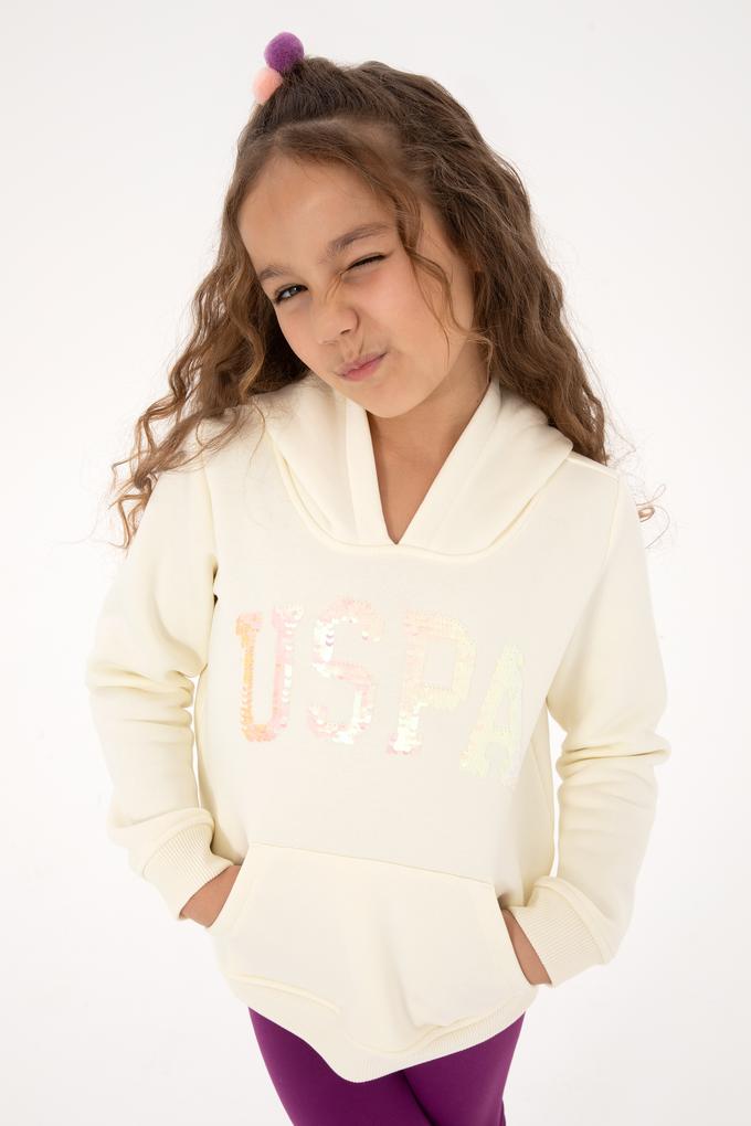 Kız Çocuk Krem Payet İşlemeli Şardonlu Kapüşonlu Basic Sweatshirt