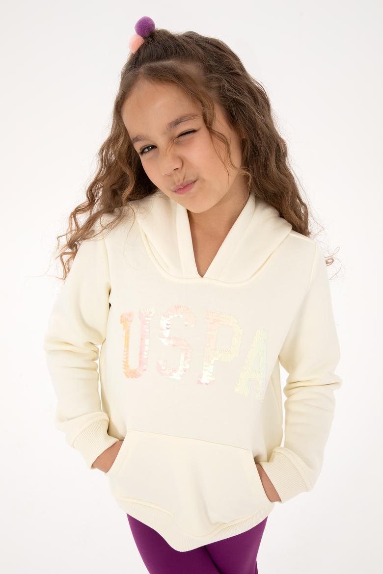 Kız Çocuk Krem Payet İşlemeli Şardonlu Kapüşonlu Basic Sweatshirt
