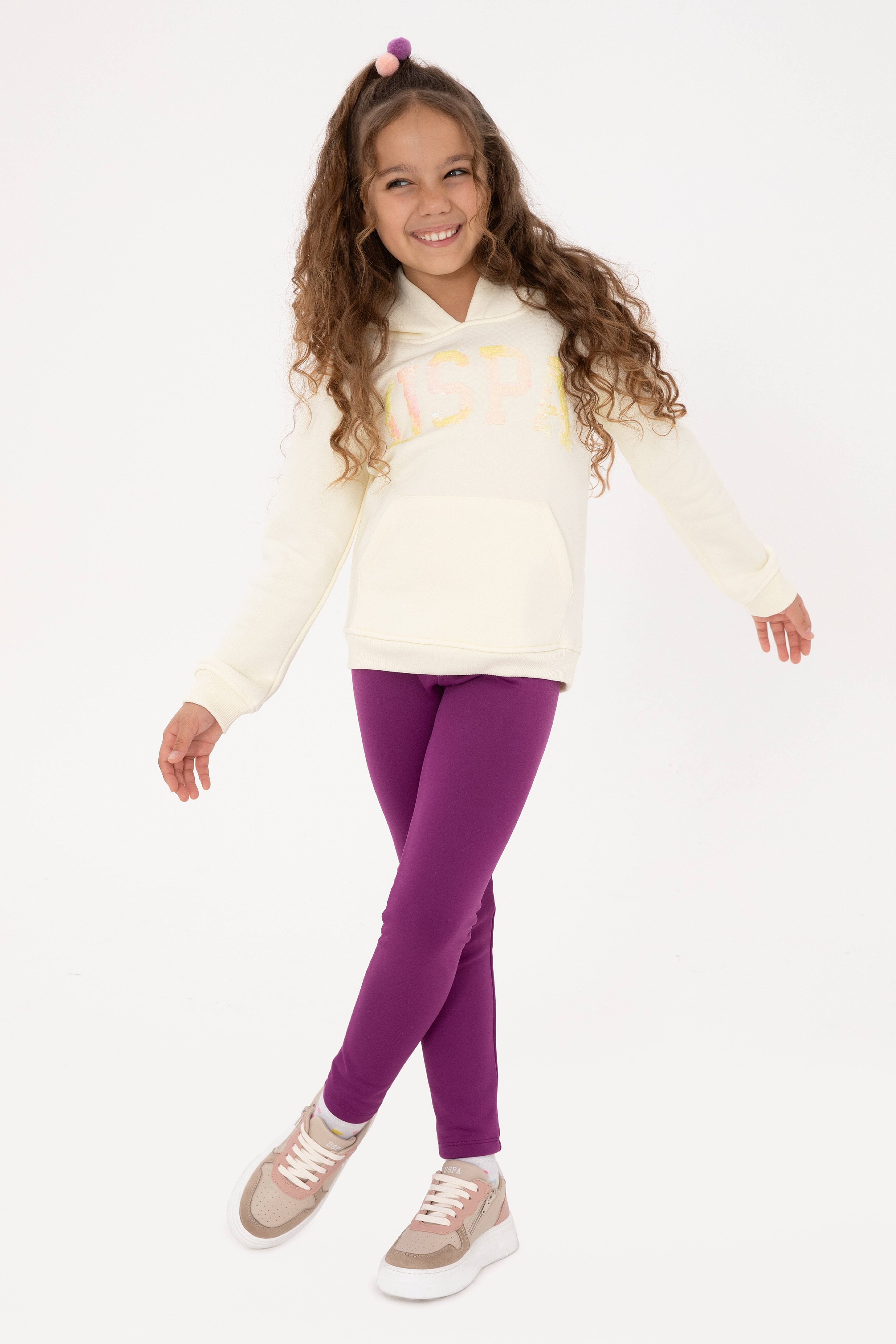 Kız Çocuk Krem Payet İşlemeli Şardonlu Kapüşonlu Basic Sweatshirt - Image 2