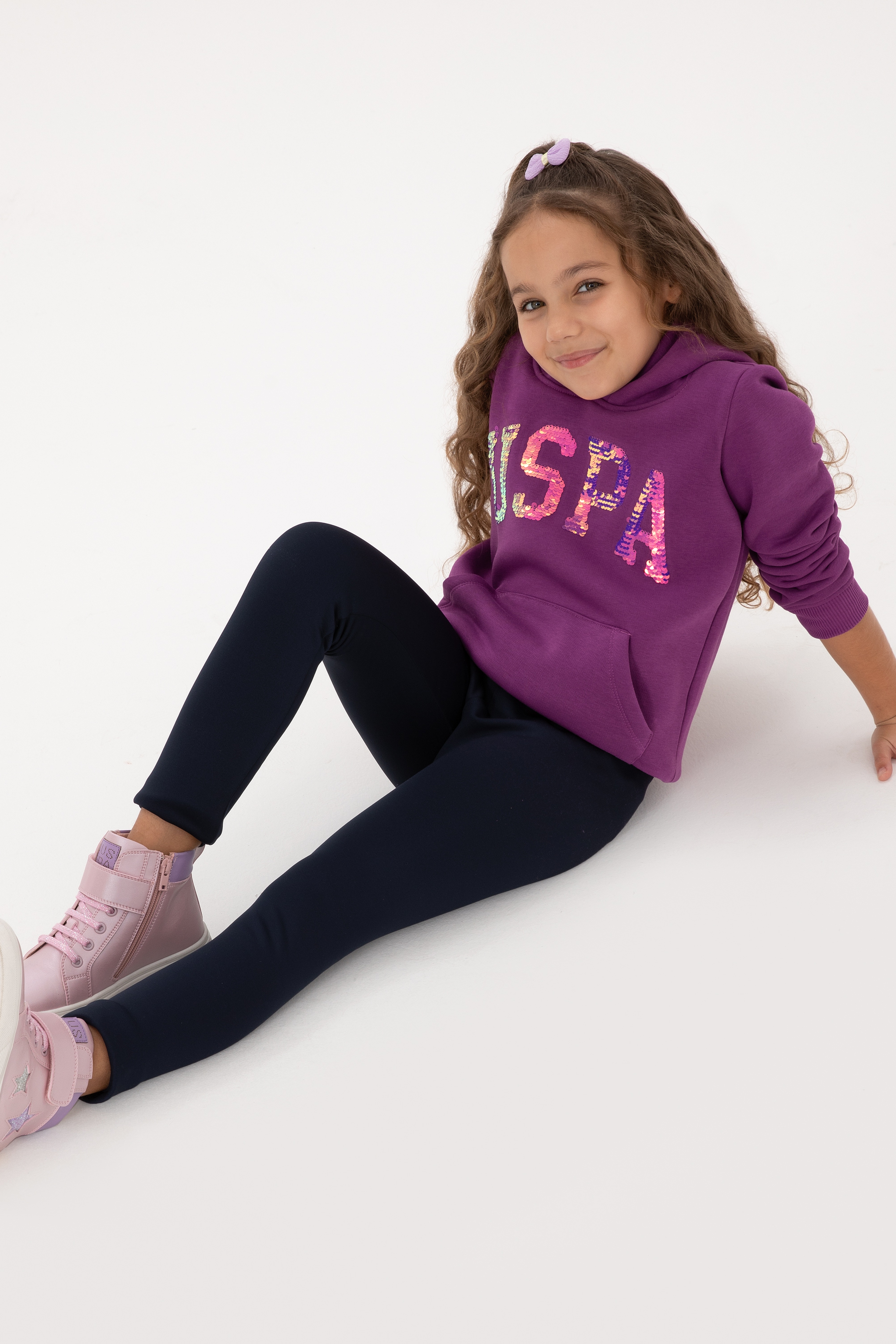Kız Çocuk Menekşe Payet İşlemeli Şardonlu Kapüşonlu Basic Sweatshirt - Image 2