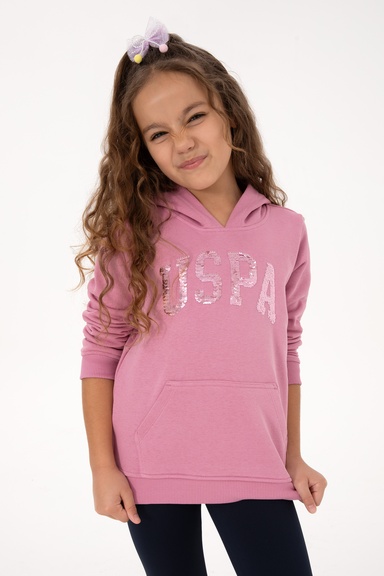Kız Çocuk Pembe Payet İşlemeli Kapüşonlu Basic Sweatshirt