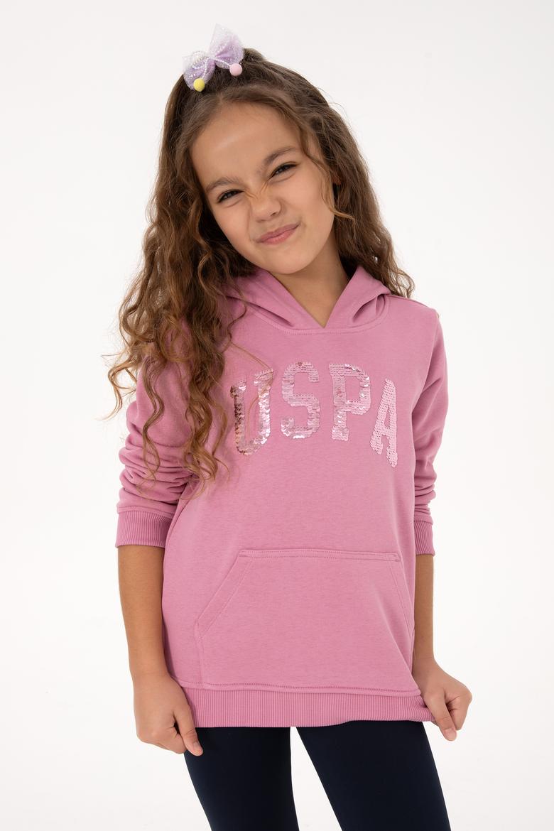 Kız Çocuk Pembe Payet İşlemeli Kapüşonlu Basic Sweatshirt