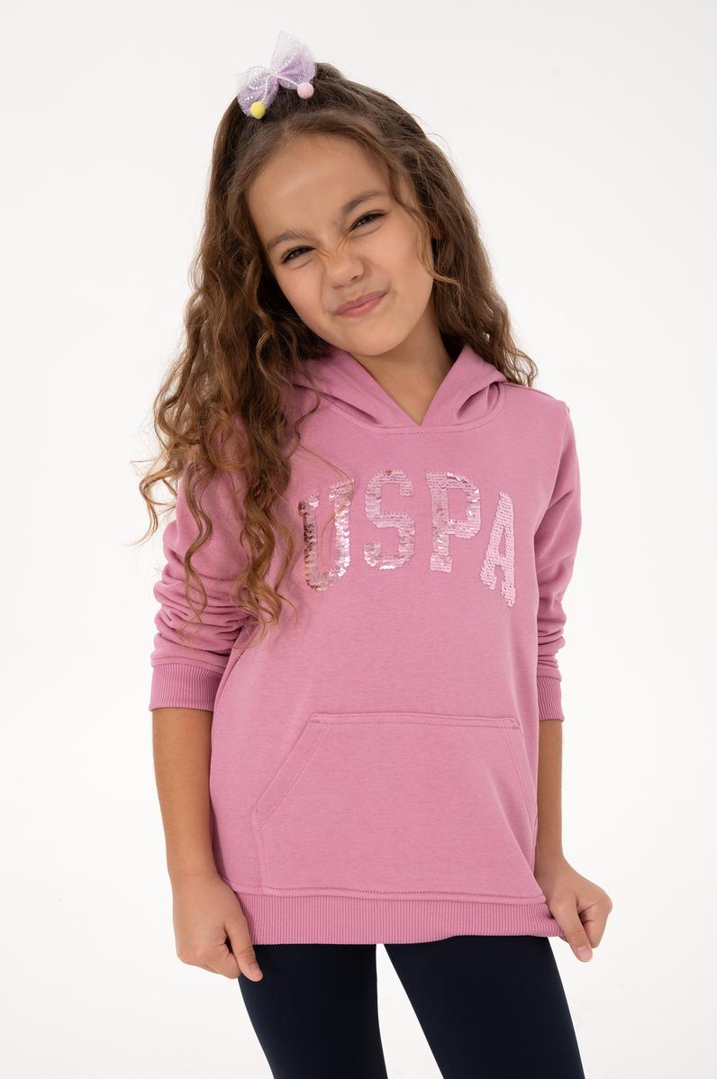 Kız Çocuk Pembe Payet İşlemeli Kapüşonlu Basic Sweatshirt