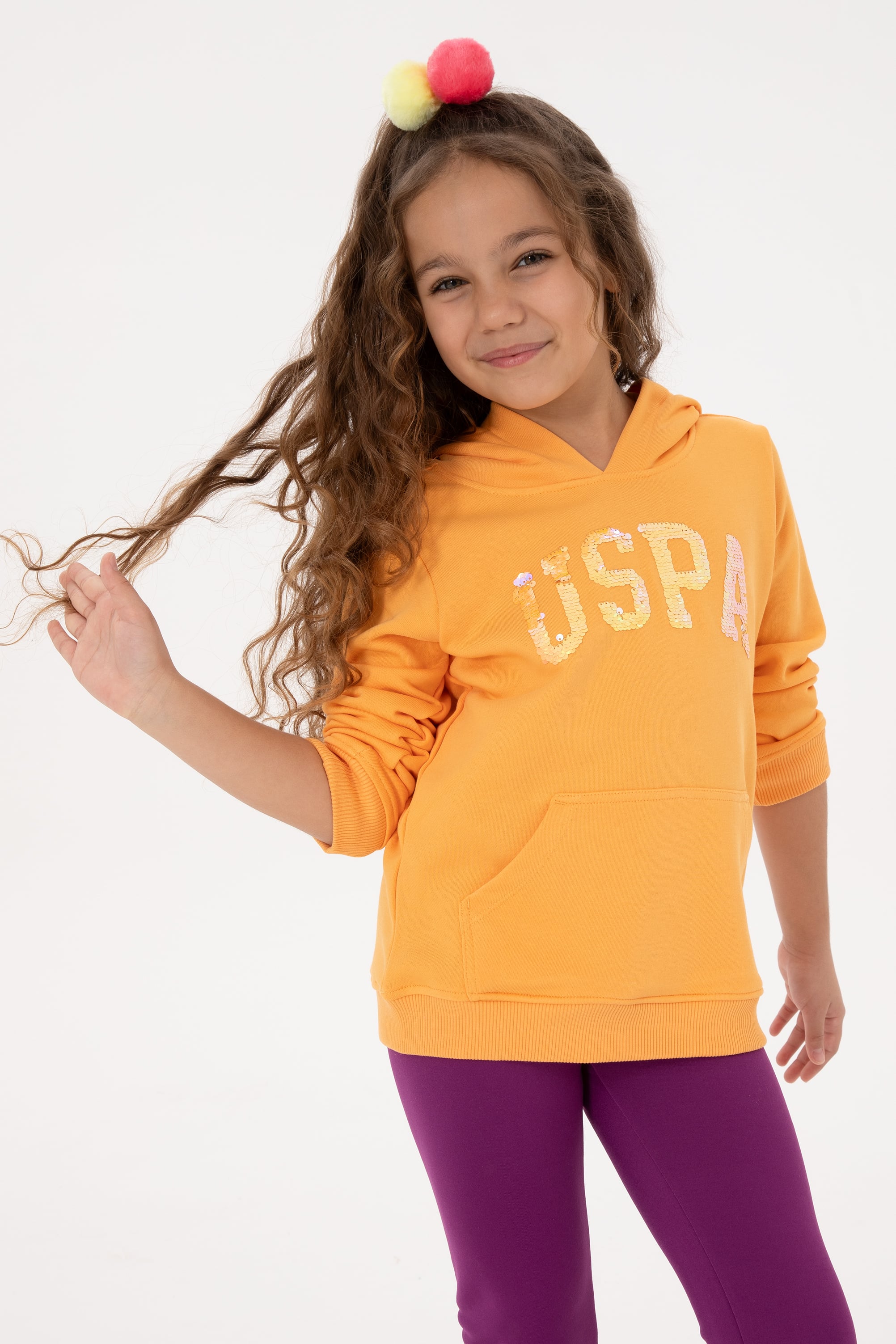 Kız Çocuk Kavun Payet İşlemeli Kapüşonlu Basic Sweatshirt - Image 1