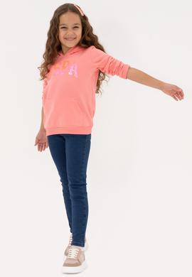 Kız Çocuk Neon Pembe Payet İşlemeli Kapüşonlu Basic Sweatshirt - 50314312022