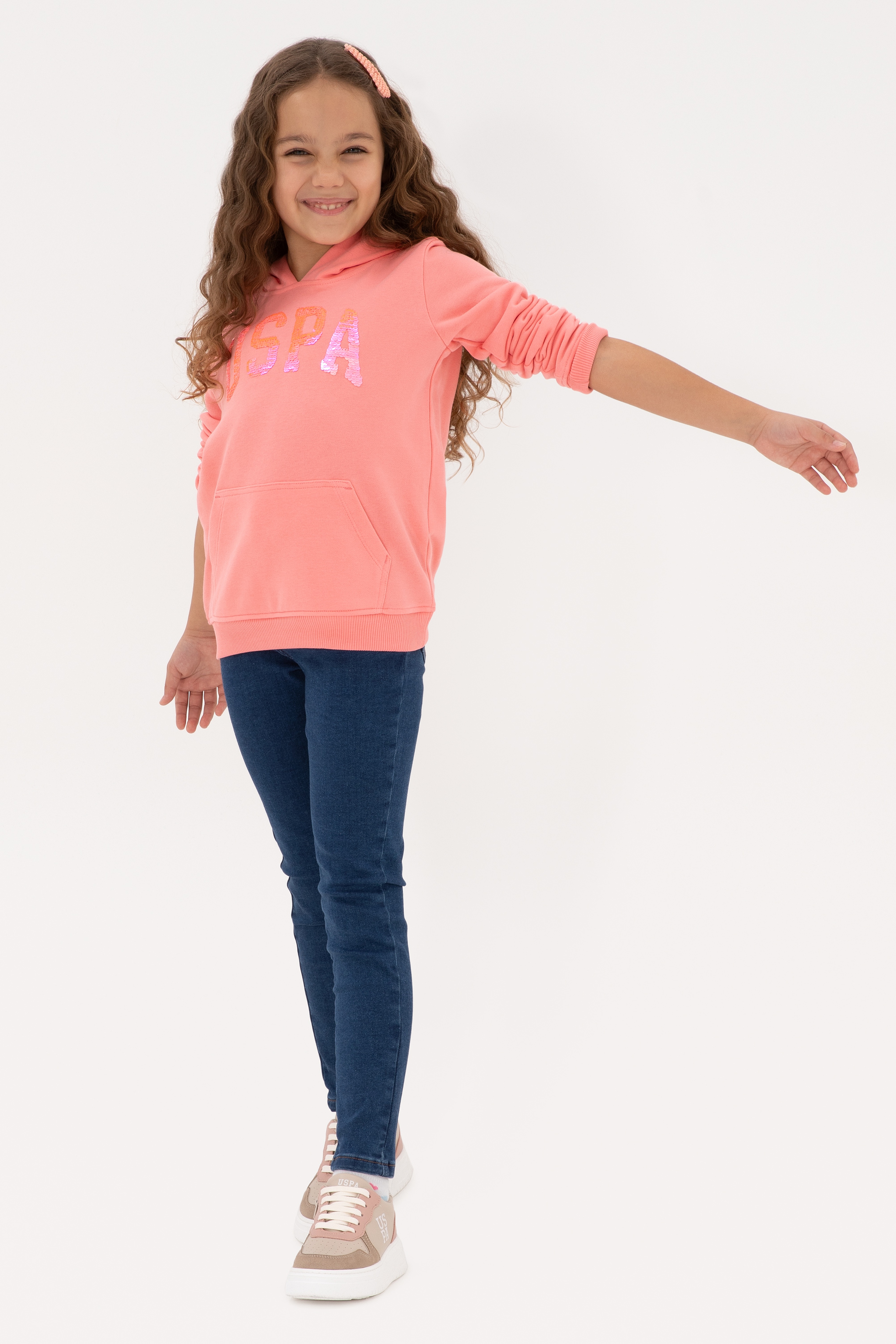 Kız Çocuk Neon Pembe Payet İşlemeli Kapüşonlu Basic Sweatshirt - Image 2