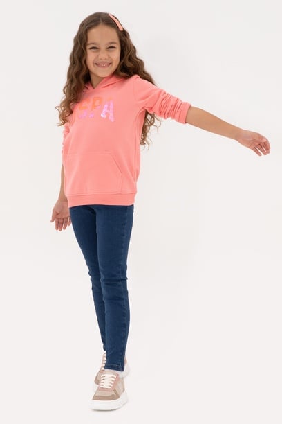 Kız Çocuk Neon Pembe Payet İşlemeli Kapüşonlu Basic Sweatshirt