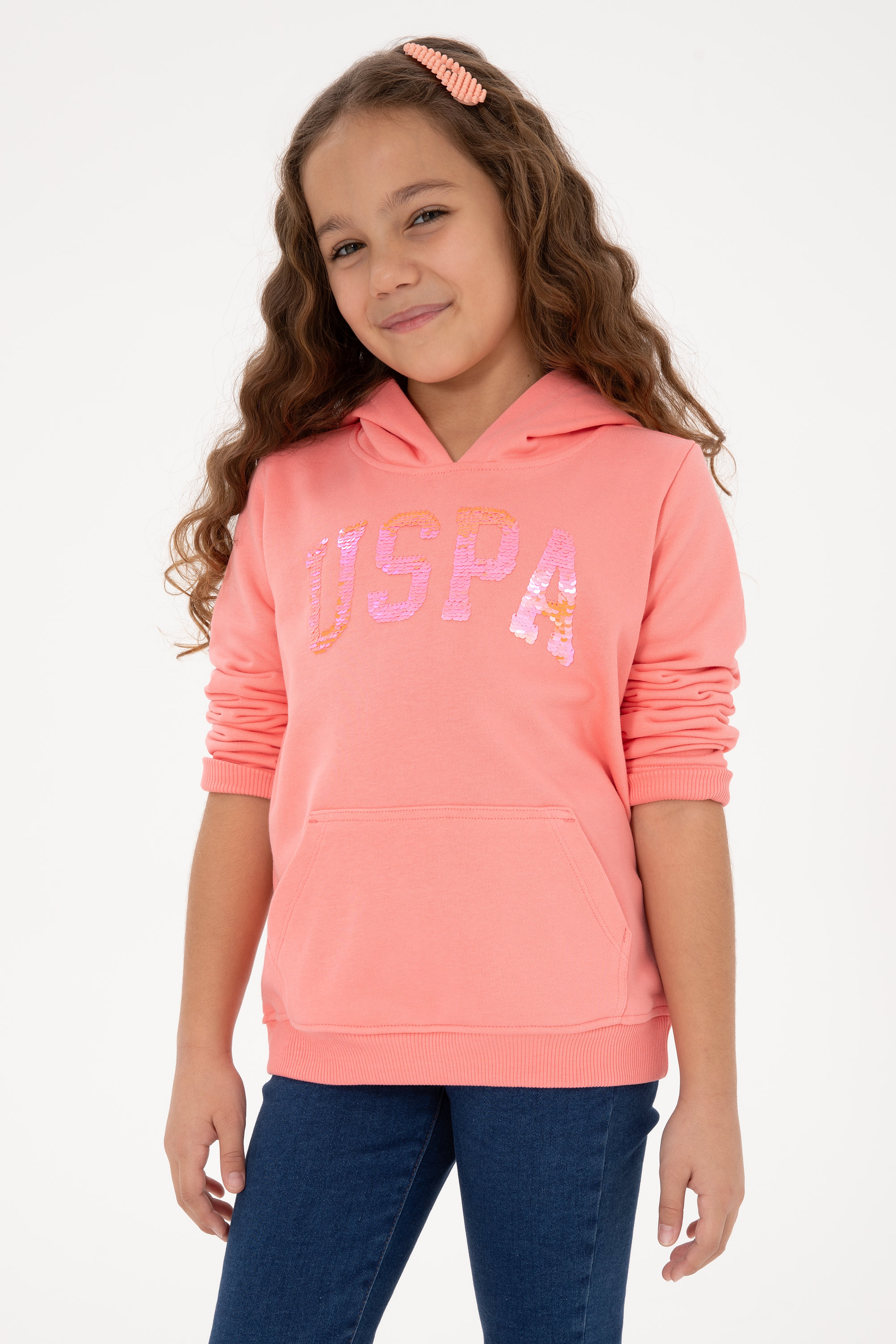 Kız Çocuk Neon Pembe Payet İşlemeli Kapüşonlu Basic Sweatshirt - Image 1
