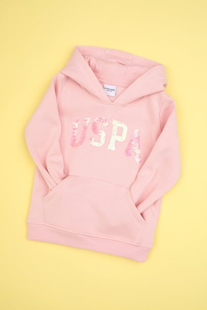 Kız Çocuk Toz Pembe Payet İşlemeli Şardonlu Kapüşonlu Basic Sweatshirt