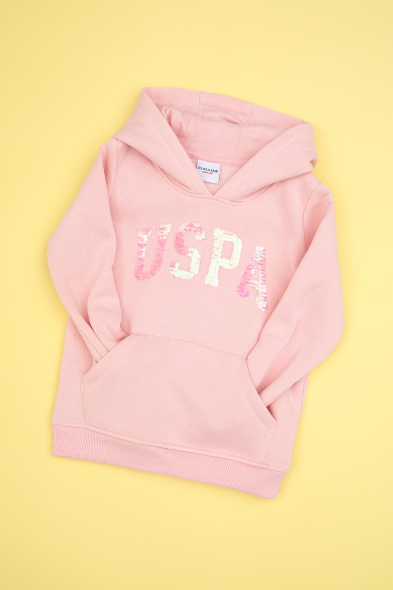 Kız Çocuk Toz Pembe Payet İşlemeli Şardonlu Kapüşonlu Basic Sweatshirt - 50314257084