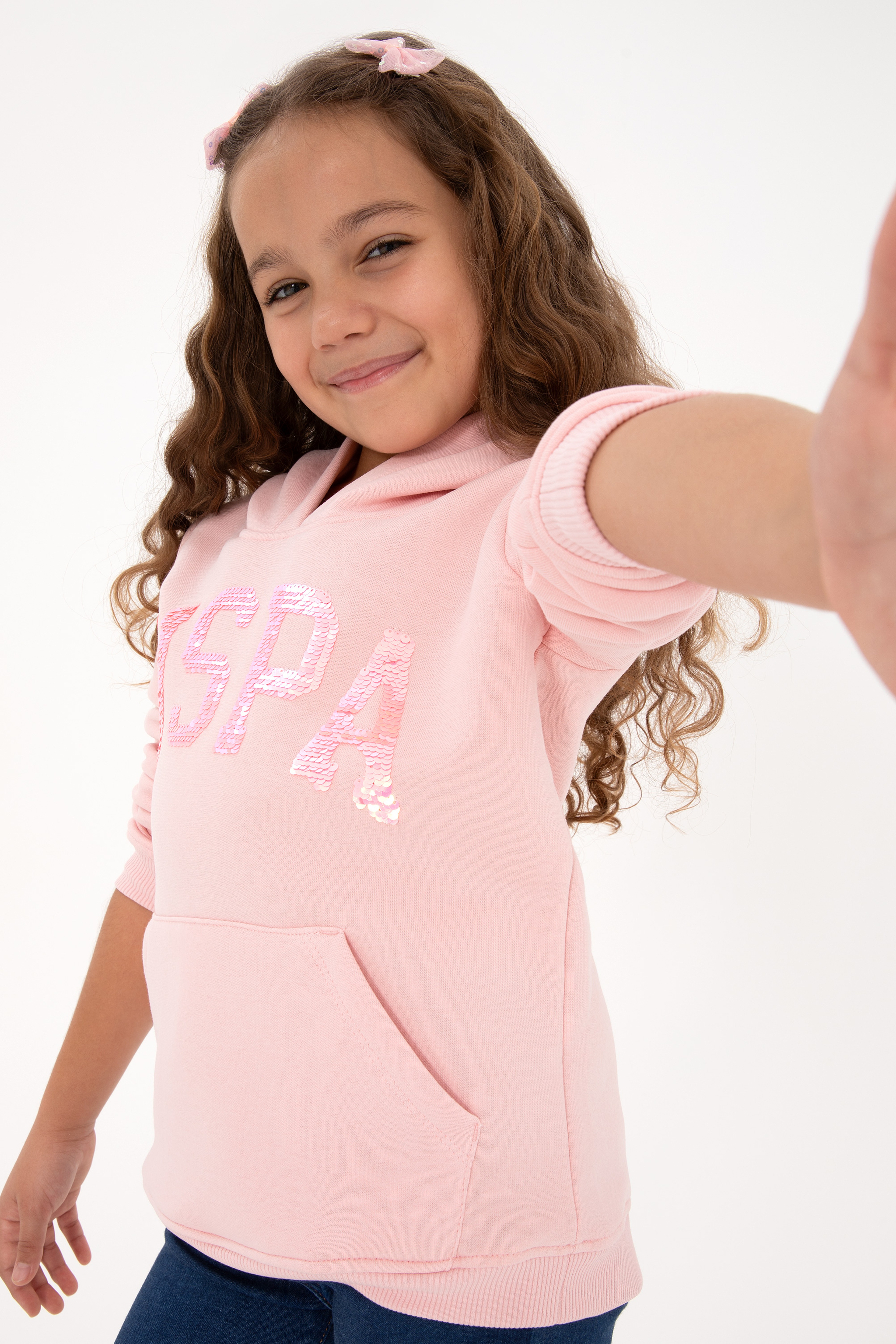 Kız Çocuk Toz Pembe Payet İşlemeli Şardonlu Kapüşonlu Basic Sweatshirt - Image 1