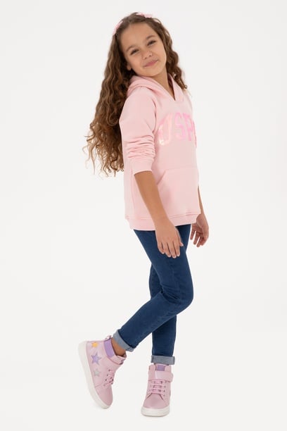 Kız Çocuk Toz Pembe Payet İşlemeli Şardonlu Kapüşonlu Basic Sweatshirt