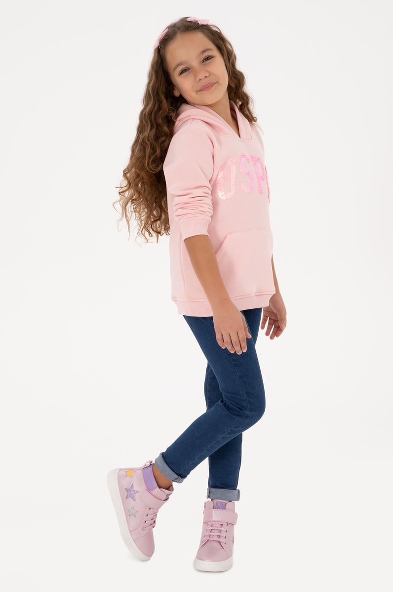 Kız Çocuk Toz Pembe Payet İşlemeli Şardonlu Kapüşonlu Basic Sweatshirt