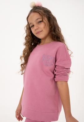 Kız Çocuk Pembe Simli Baskı Detaylı Bisiklet Yaka Basic Sweatshirt - 50314289012