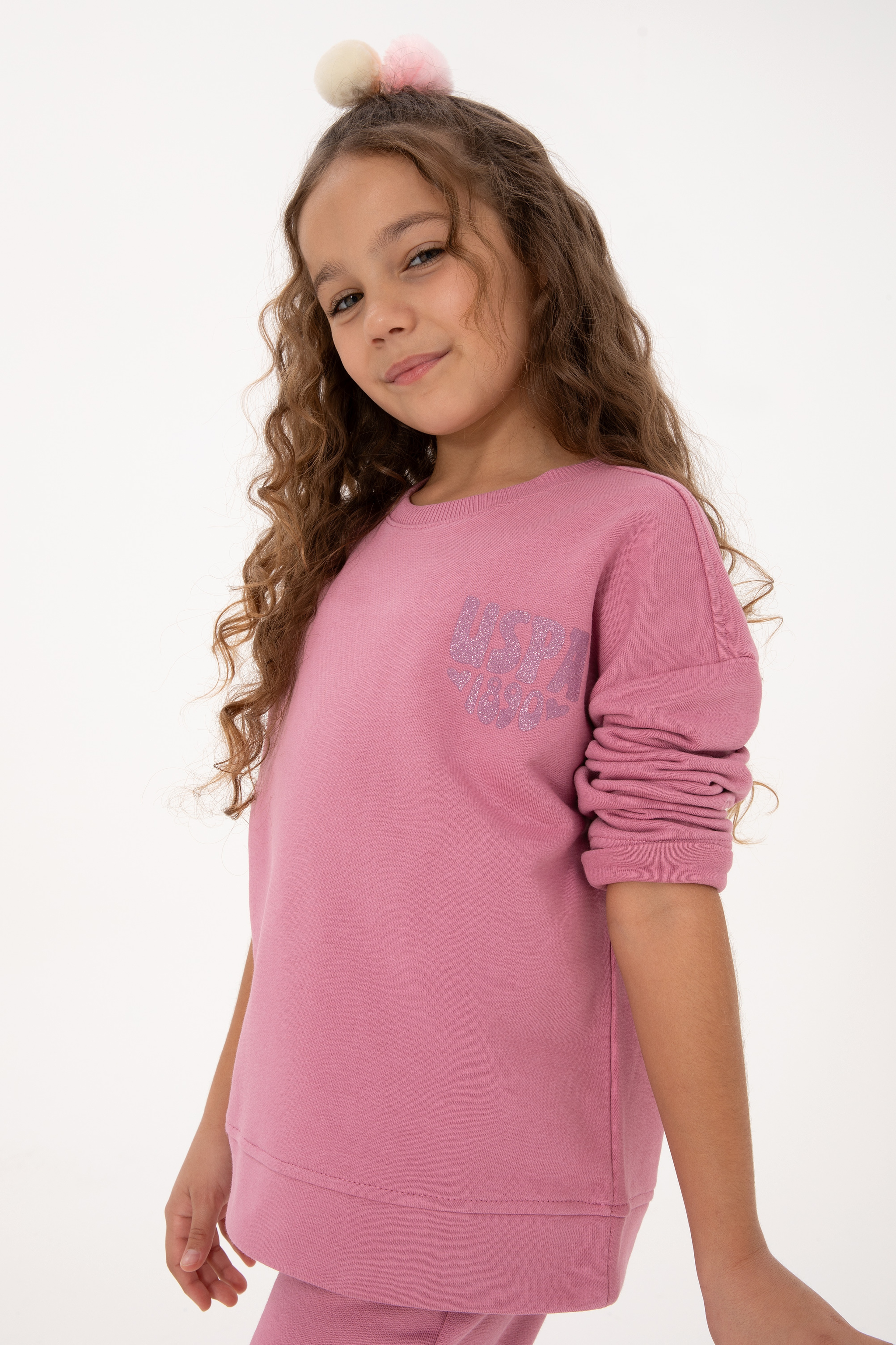 Kız Çocuk Pembe Simli Baskı Detaylı Bisiklet Yaka Basic Sweatshirt - Image 1