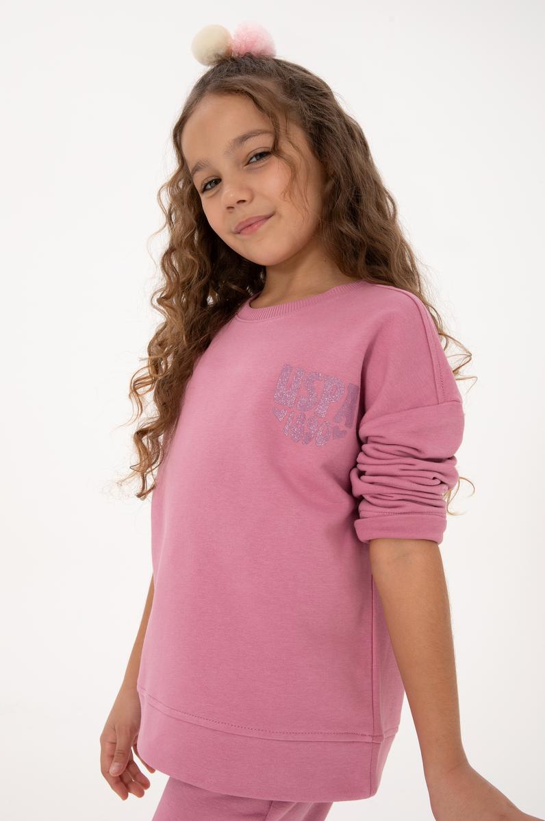 Kız Çocuk Pembe Simli Baskı Detaylı Bisiklet Yaka Basic Sweatshirt