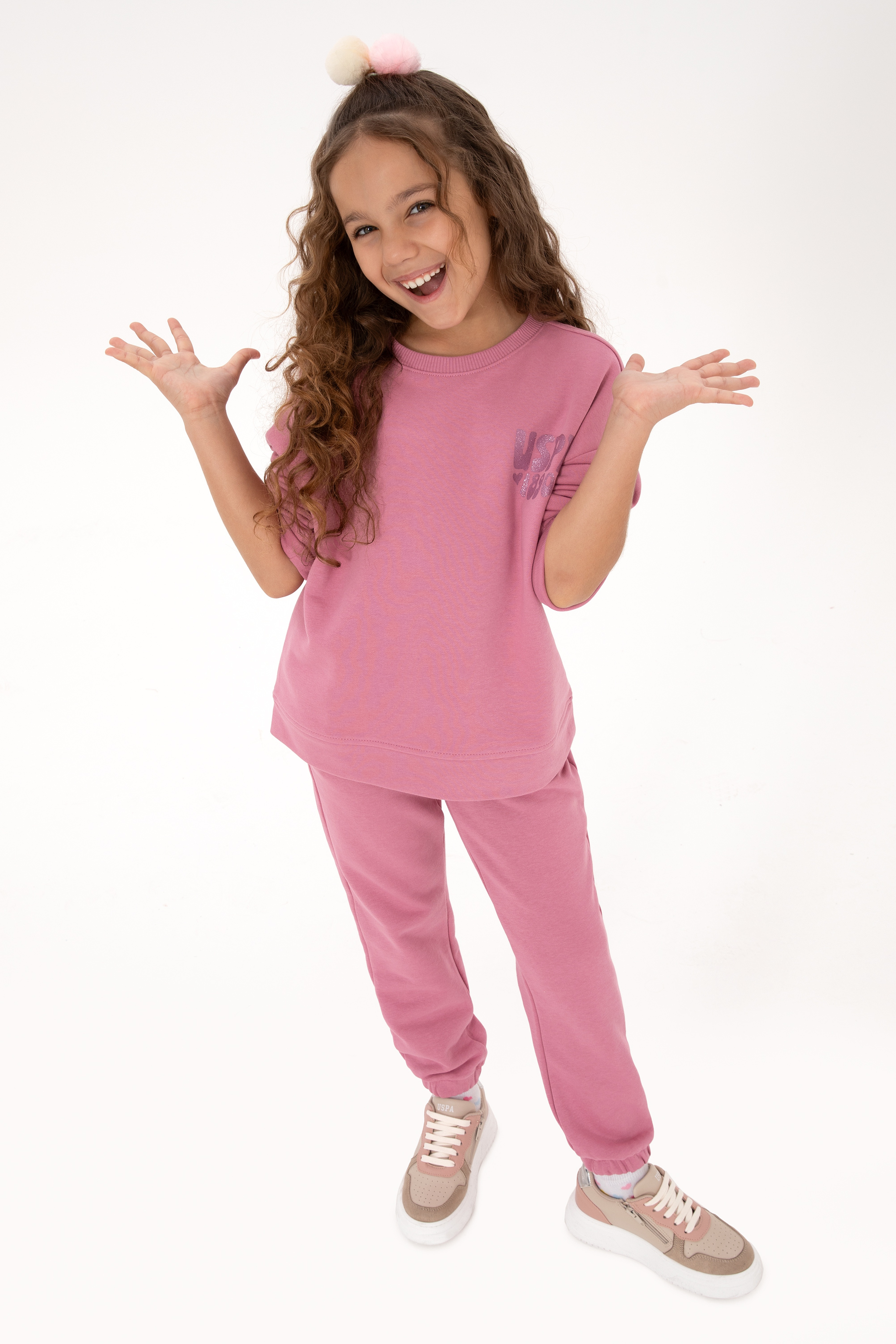 Kız Çocuk Pembe Simli Baskı Detaylı Bisiklet Yaka Basic Sweatshirt - Image 2