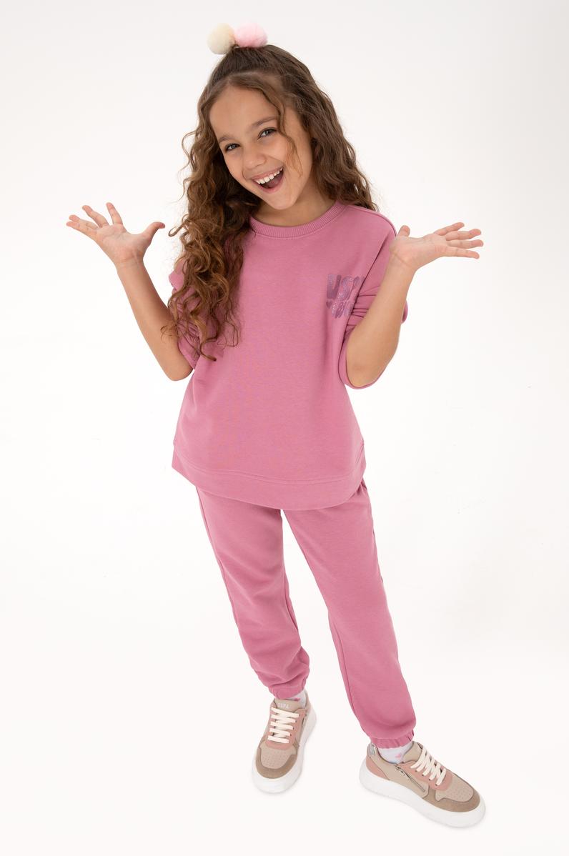 Kız Çocuk Pembe Simli Baskı Detaylı Bisiklet Yaka Basic Sweatshirt