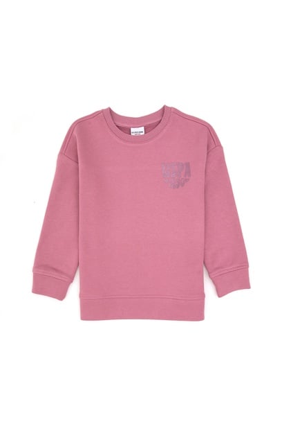 Kız Çocuk Pembe Simli Baskı Detaylı Bisiklet Yaka Basic Sweatshirt