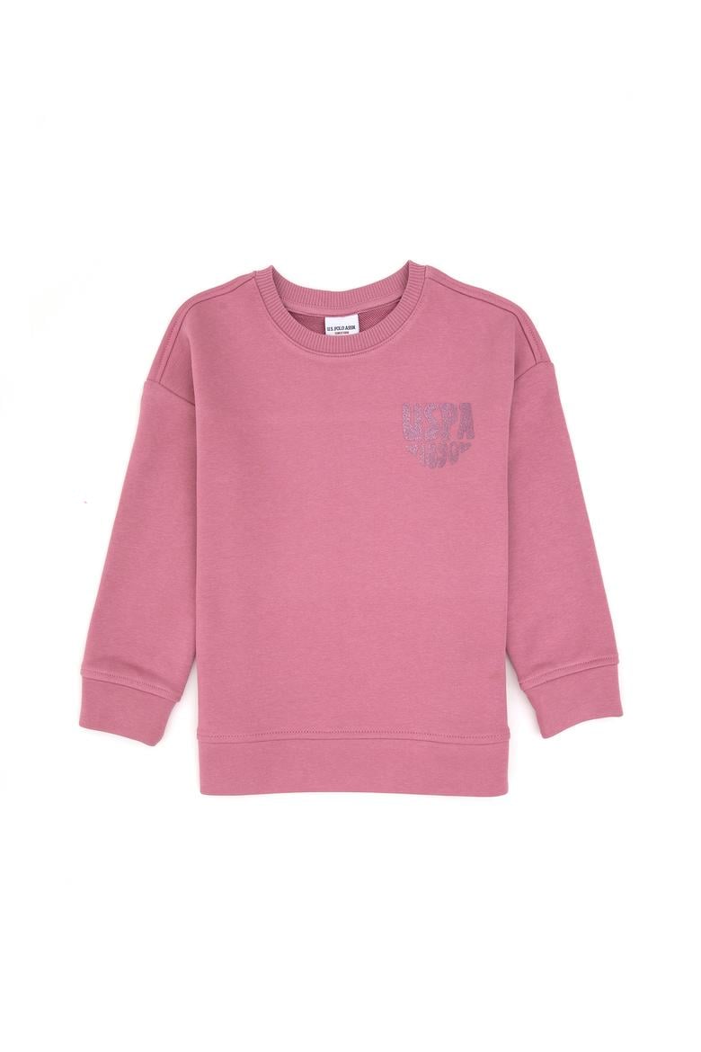 Kız Çocuk Pembe Simli Baskı Detaylı Bisiklet Yaka Basic Sweatshirt - 50314289012