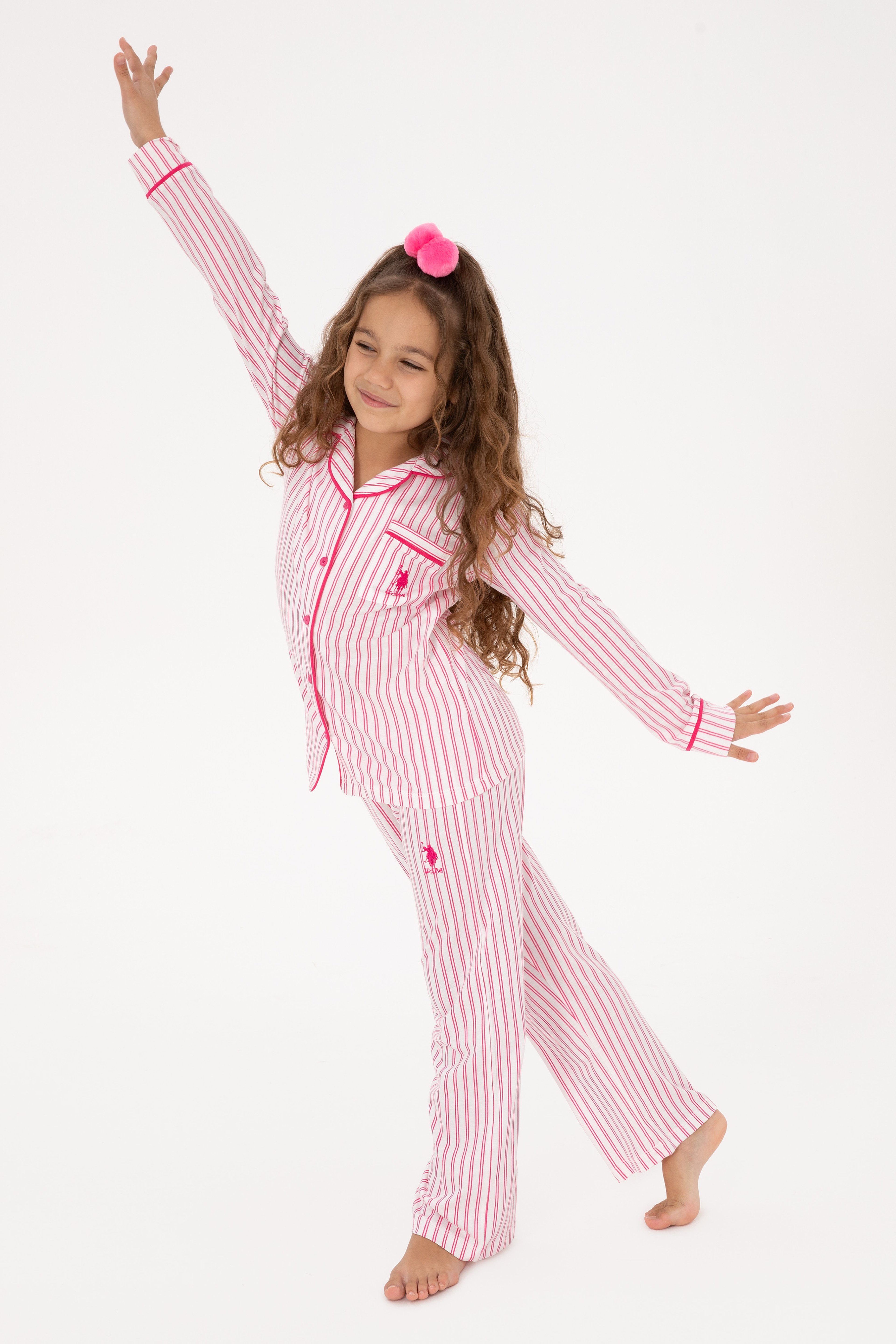 Kız Çocuk Fuşya Çizgili Pijama Takımı - Image 2
