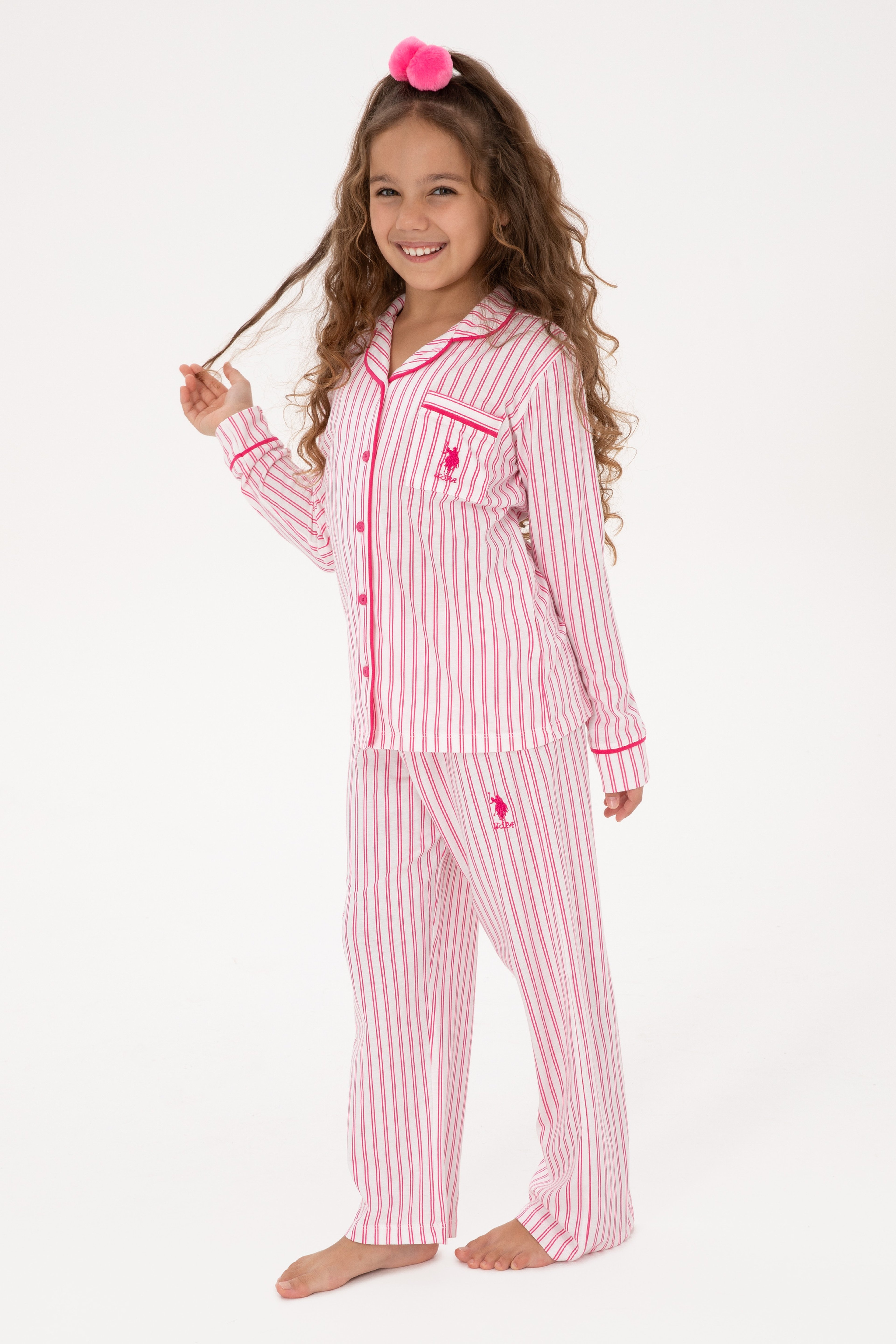 Kız Çocuk Fuşya Çizgili Pijama Takımı - Image 1