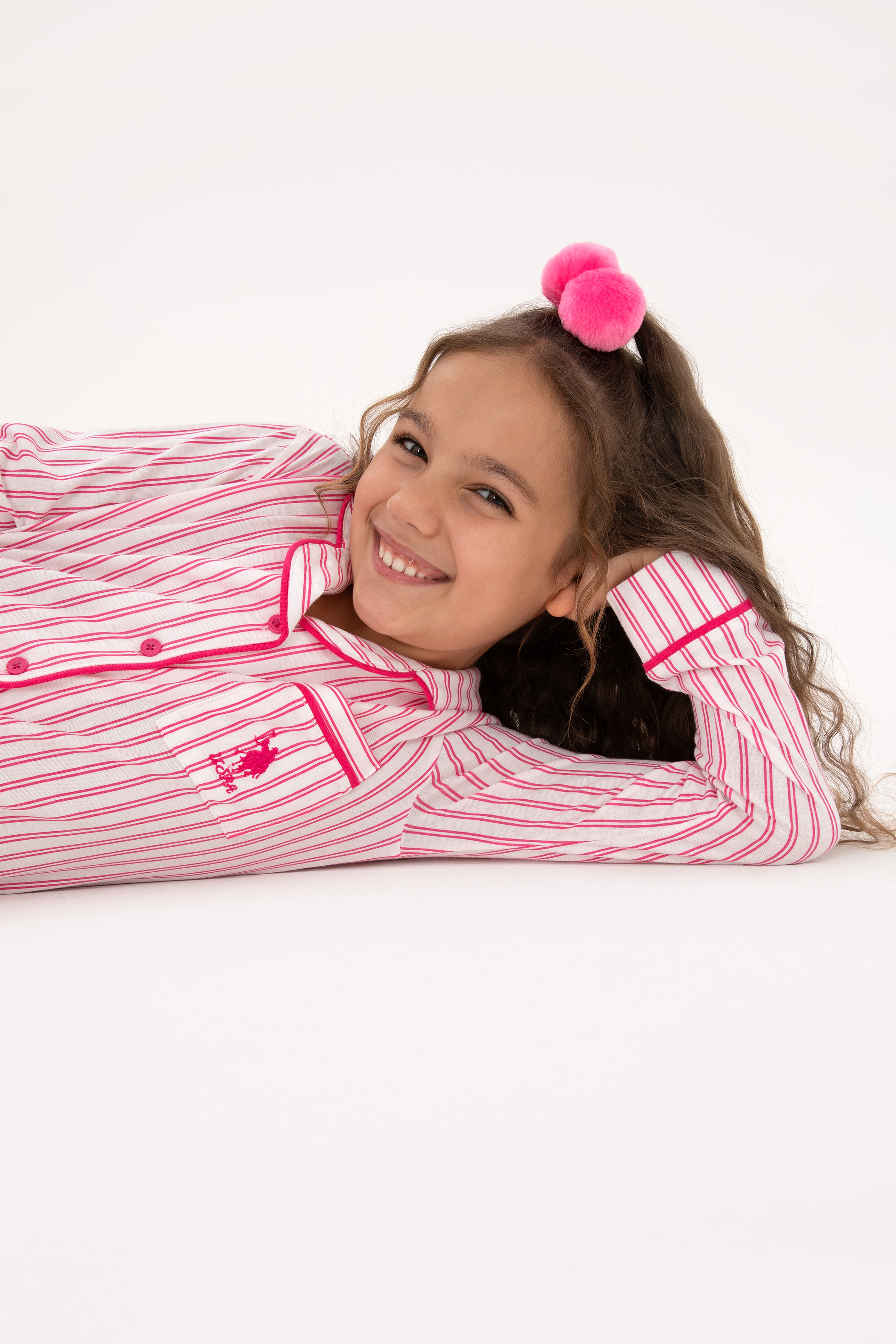 Kız Çocuk Fuşya Çizgili Pijama Takımı - Image 3