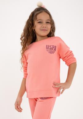 Kız Çocuk Neon Pembe Simli Baskı Detaylı Bisiklet Yaka Basic Sweatshirt - 50314289031
