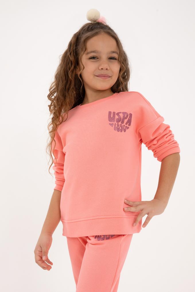 Kız Çocuk Neon Pembe Simli Baskı Detaylı Bisiklet Yaka Basic Sweatshirt