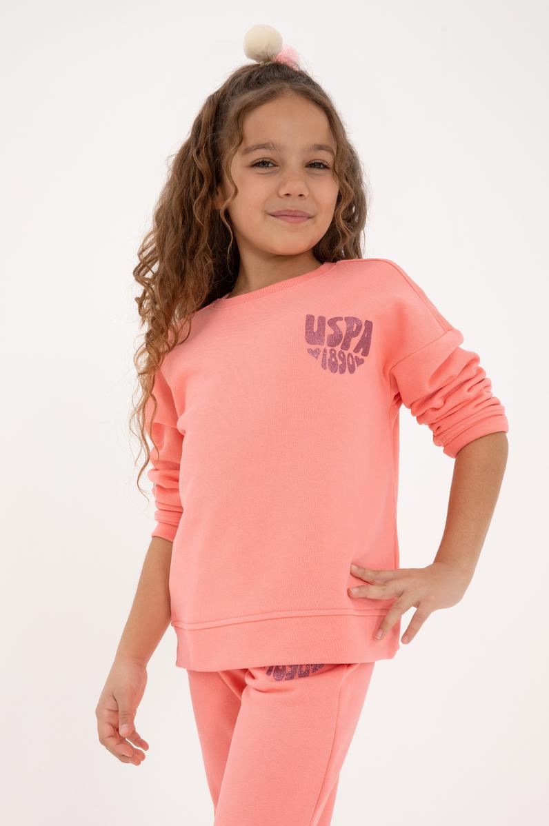 Kız Çocuk Neon Pembe Simli Baskı Detaylı Bisiklet Yaka Basic Sweatshirt