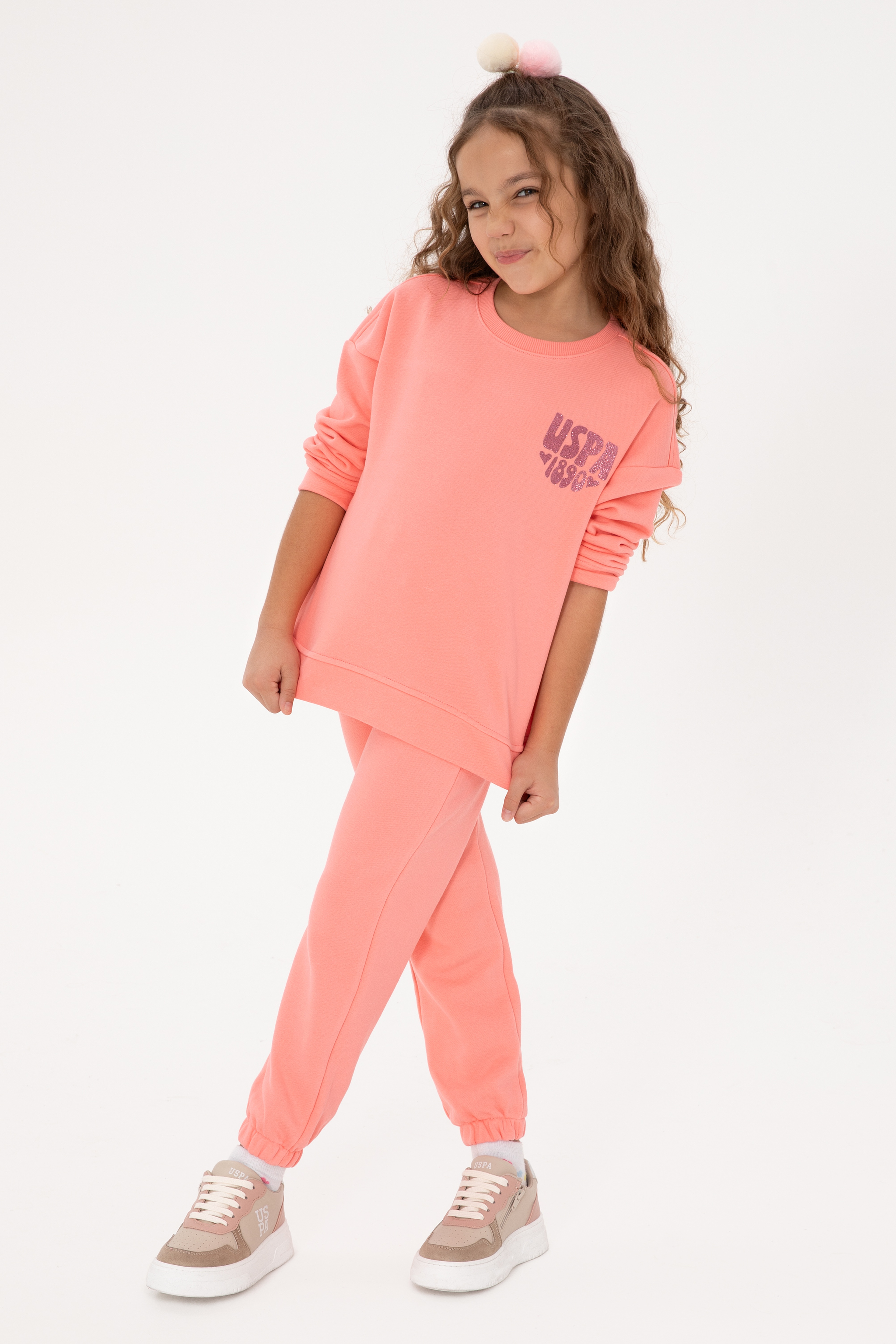 Kız Çocuk Neon Pembe Simli Baskı Detaylı Bisiklet Yaka Basic Sweatshirt
