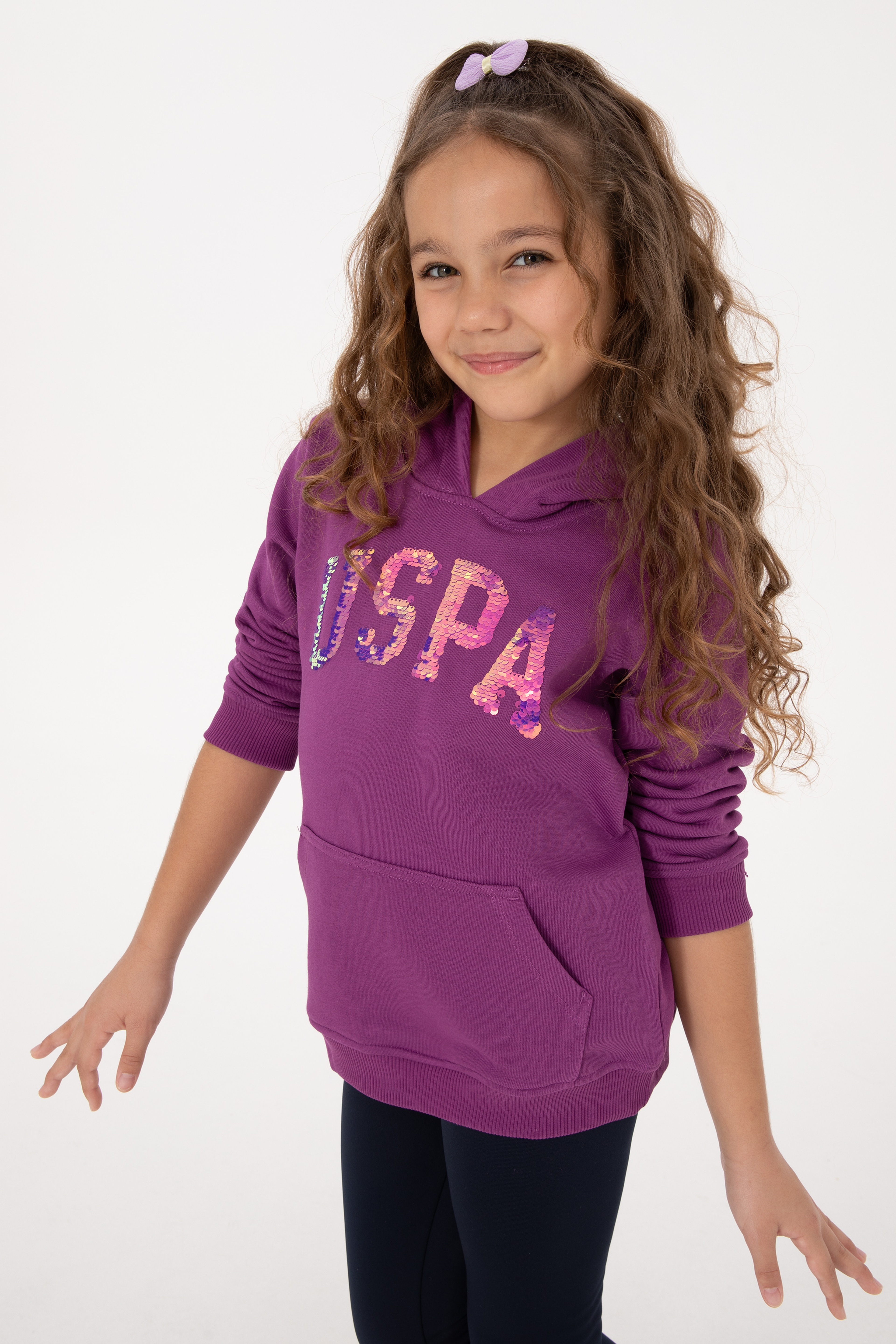 Kız Çocuk Menekşe Payet İşlemeli Kapüşonlu Basic Sweatshirt - Image 1