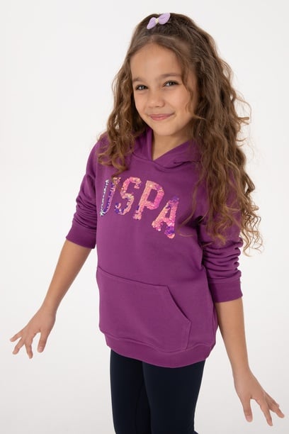 Kız Çocuk Menekşe Payet İşlemeli Kapüşonlu Basic Sweatshirt