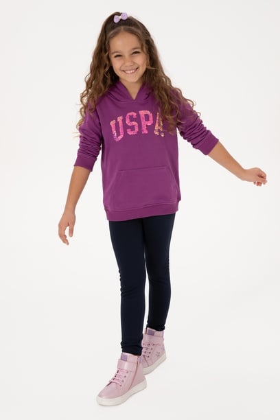 Kız Çocuk Menekşe Payet İşlemeli Kapüşonlu Basic Sweatshirt