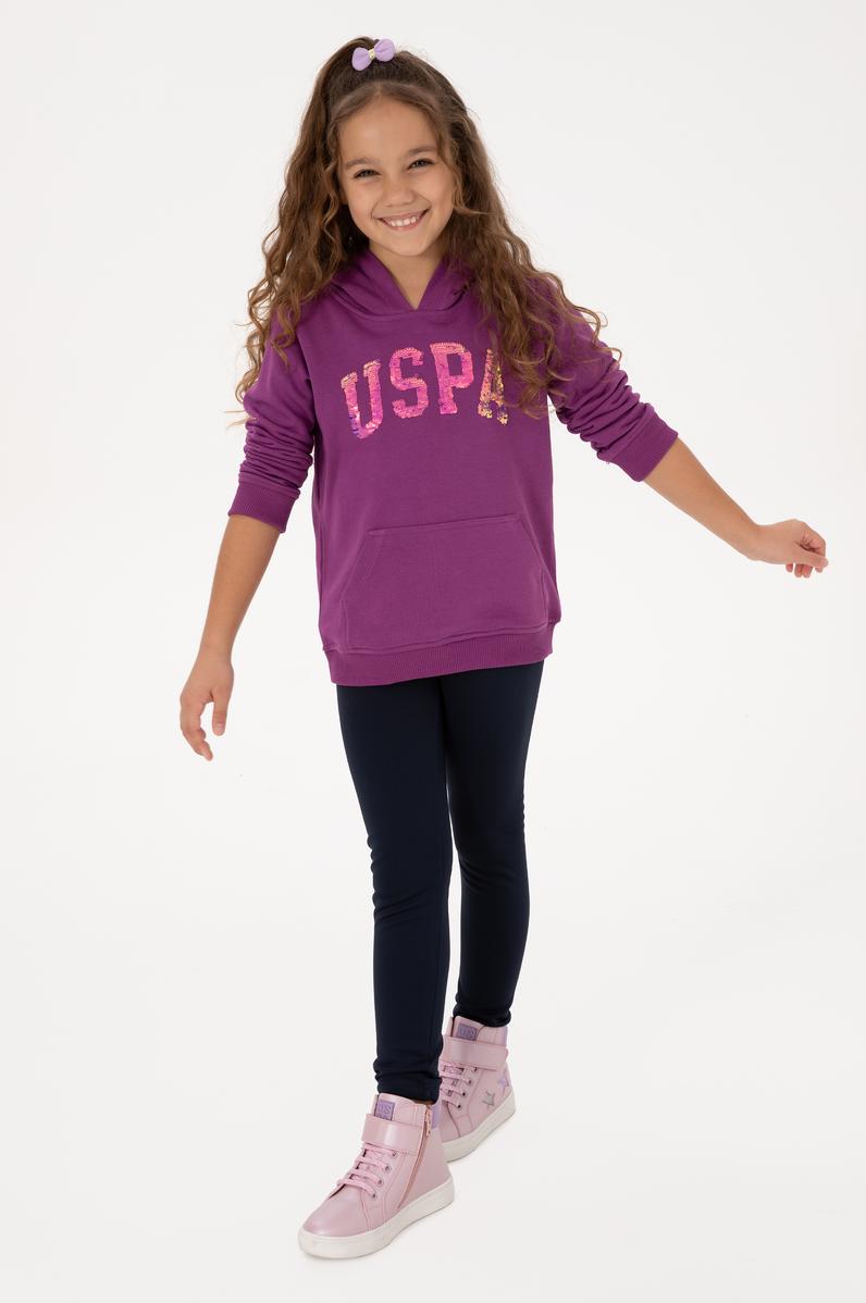 Kız Çocuk Menekşe Payet İşlemeli Kapüşonlu Basic Sweatshirt