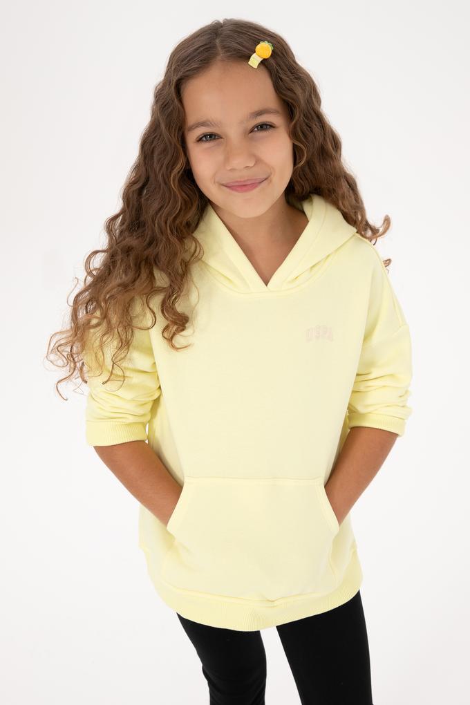 Kız Çocuk Sarı Kapüşonlu Şardonlu Basic Sweatshirt