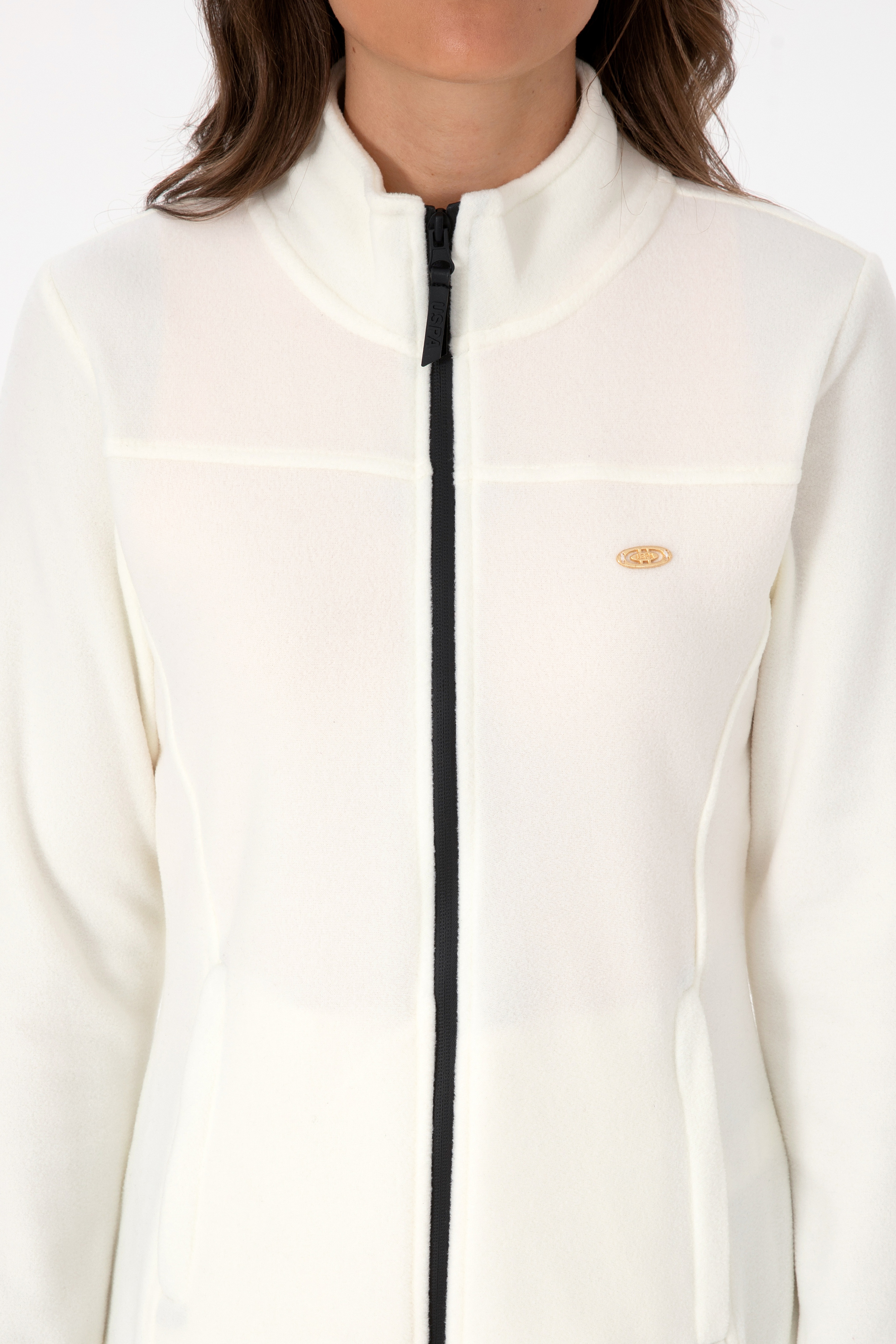Kadın Krem Fermuarlı Dik Yaka Polar Sweatshirt - Image 6