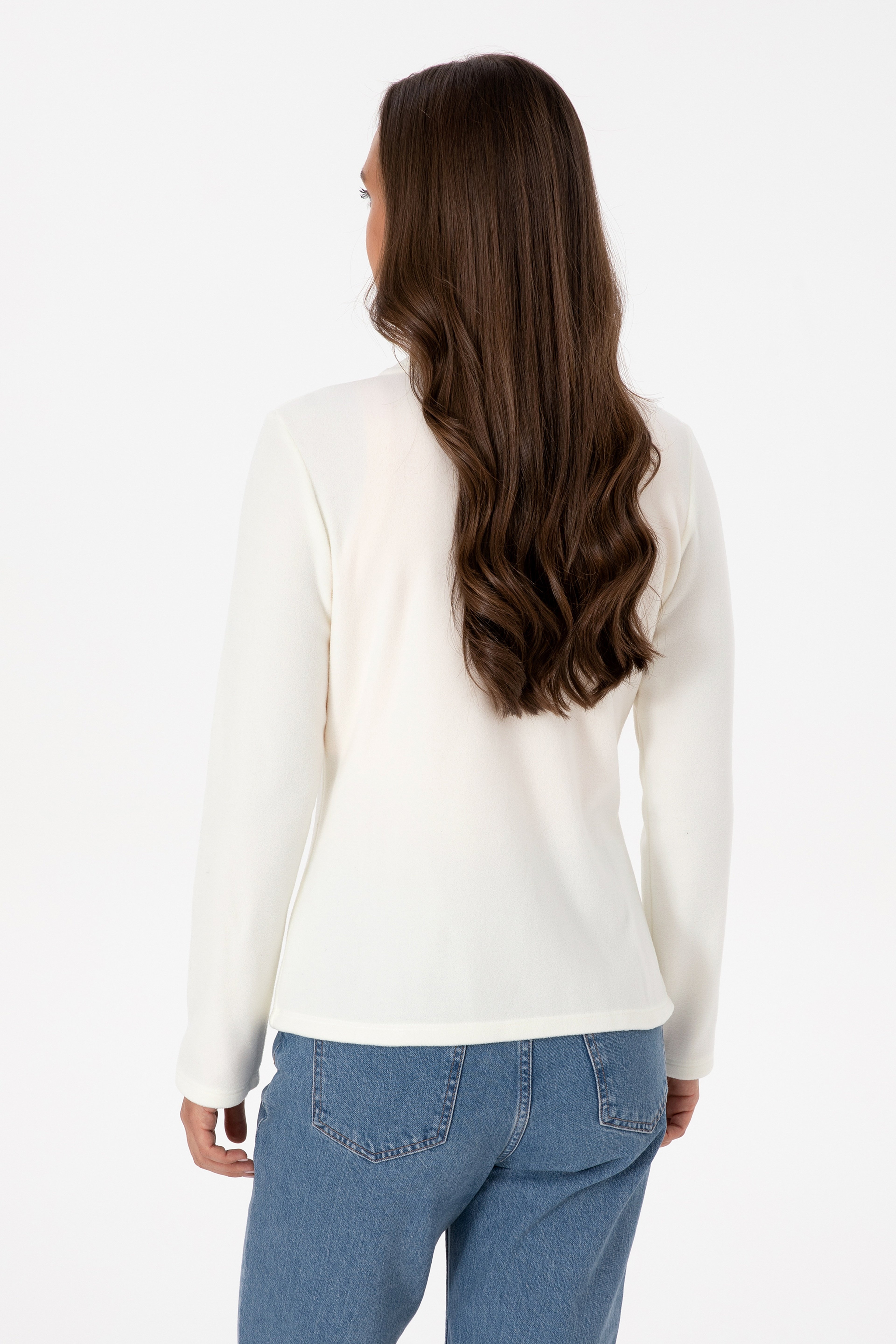 Kadın Krem Fermuarlı Dik Yaka Polar Sweatshirt