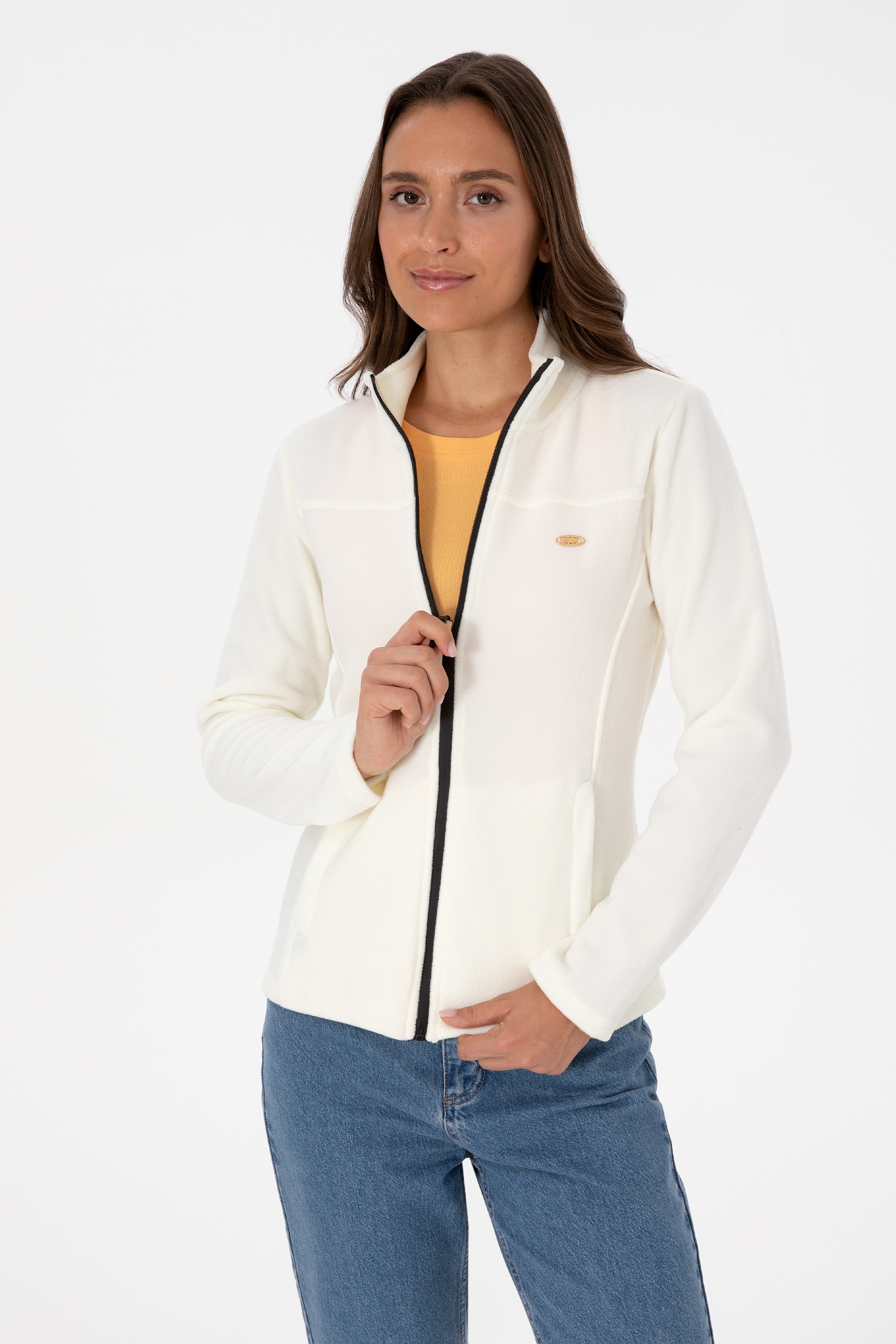 Kadın Krem Fermuarlı Dik Yaka Polar Sweatshirt - Image 1