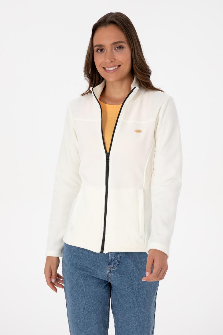 Kadın Krem Fermuarlı Dik Yaka Polar Sweatshirt - 50316729073