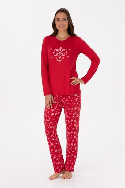 Kadın Kırmızı Yılbaşı Temalı Pijama Takımı