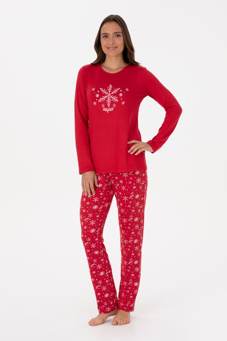 Kadın Kırmızı Yılbaşı Temalı Pijama Takımı