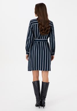 Kadın Lacivert Çizgili Kemerli Dokuma Elbise - 50316604005