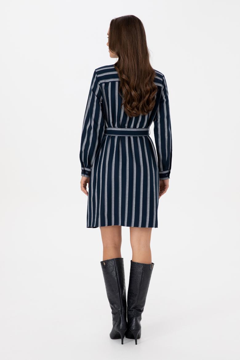 Kadın Lacivert Çizgili Kemerli Dokuma Elbise - 50316604005