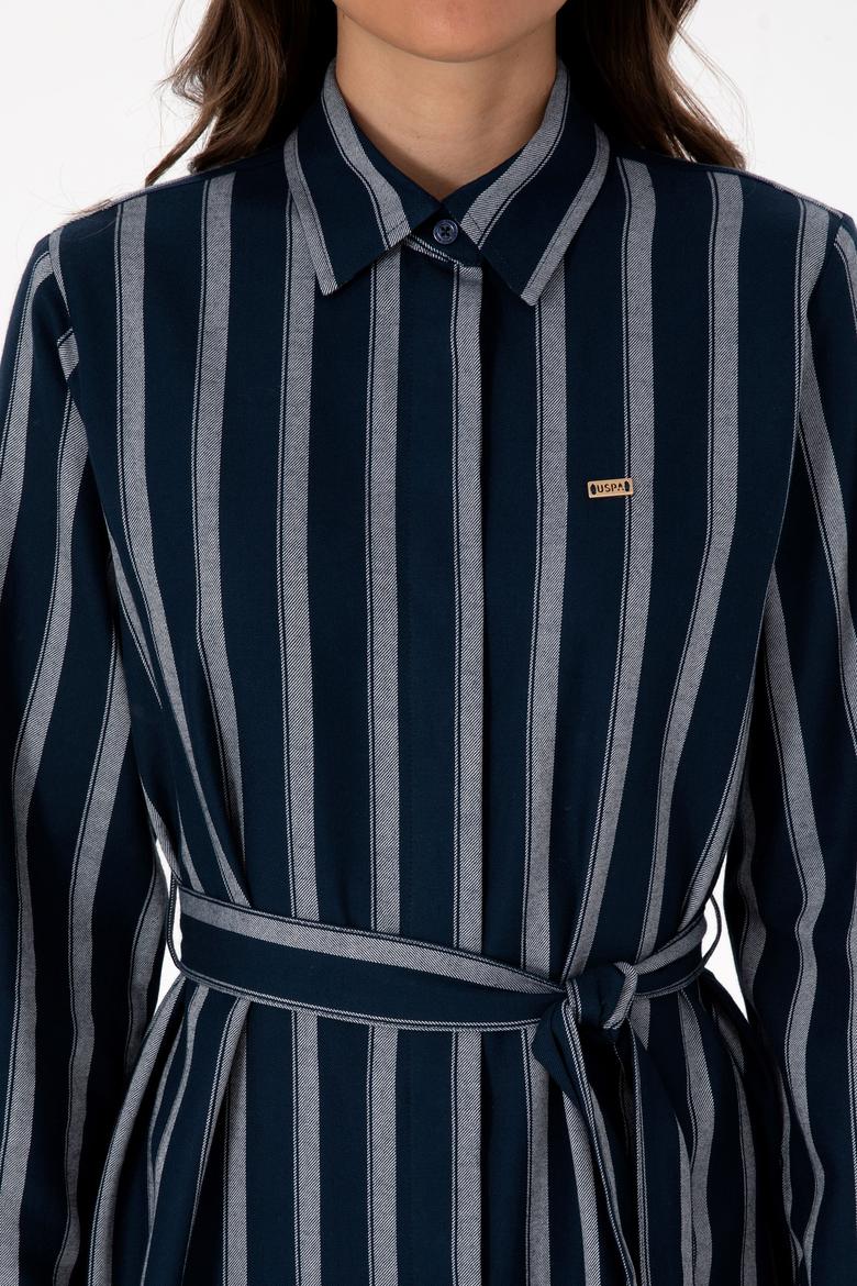 Kadın Lacivert Çizgili Kemerli Dokuma Elbise - 50316604005