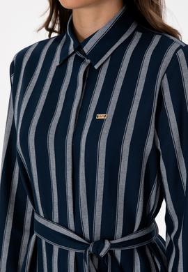 Kadın Lacivert Çizgili Kemerli Dokuma Elbise - 50316604005