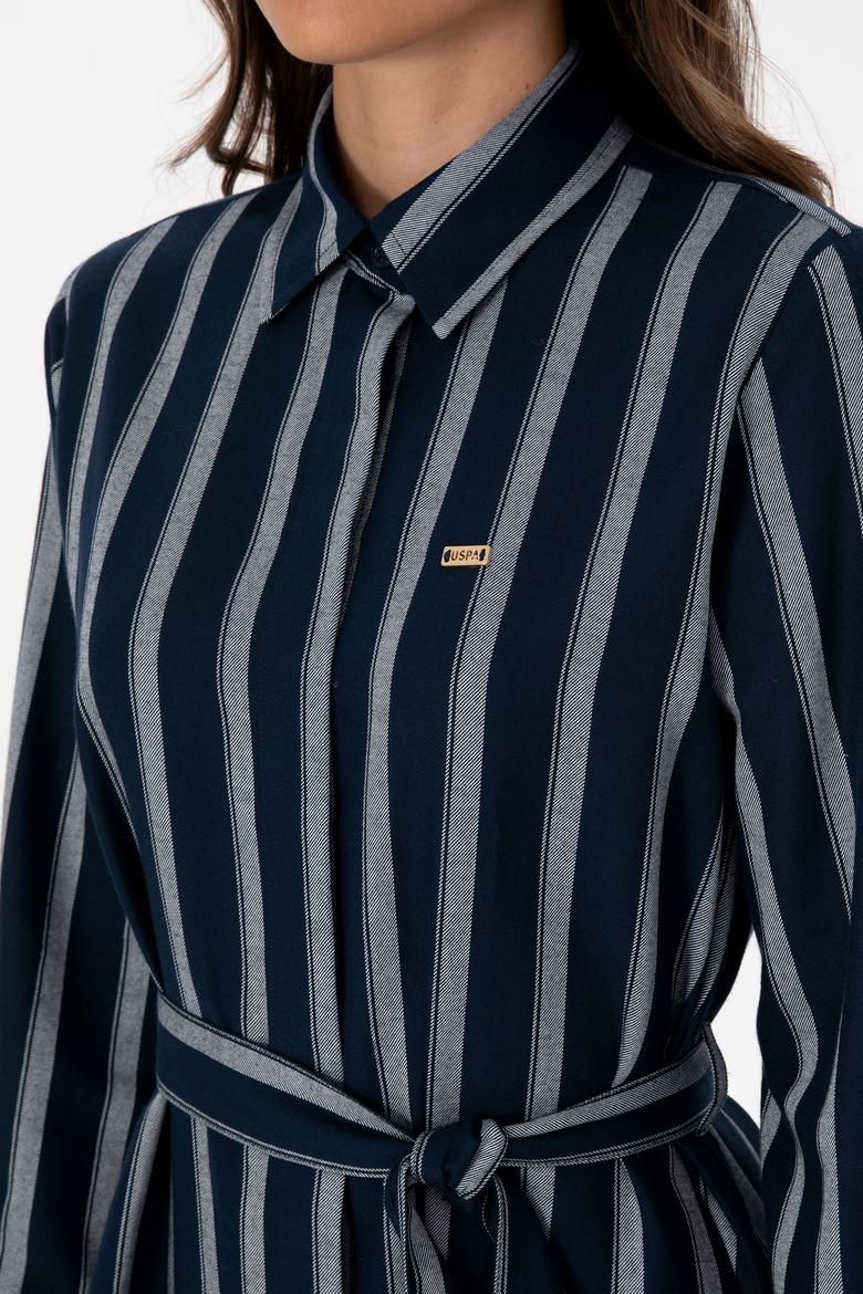 Kadın Lacivert Çizgili Kemerli Dokuma Elbise - 50316604005