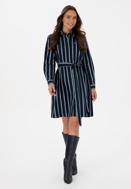 Kadın Lacivert Çizgili Kemerli Dokuma Elbise - 50316604005