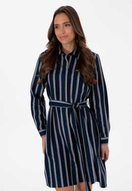 Kadın Lacivert Çizgili Kemerli Dokuma Elbise - 50316604005